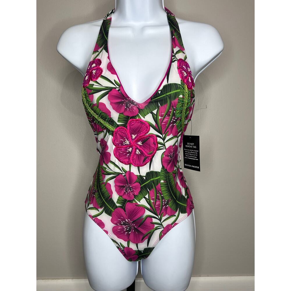 Boston Proper Tropical Floral Embellished Halter One Piece Swimsuit NWT XXS